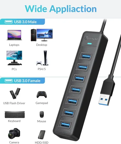 Vista 7 de PHIXERO Concentrador USB de 7 puertos, 3.3 pies/3.3 ft de largo Cable USB 3.0 Hub Hub Multi USB Hub Adaptador de Extensión USB Divisor USB Hub USB