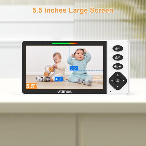 Vista 2 de VTimes - Monitor de bebé con cámara y audio, pantalla HD de 720P de 5.5 pulgadas, monitor de video sin WiFi, modo VOX, panorámica/inclinación/zoom
