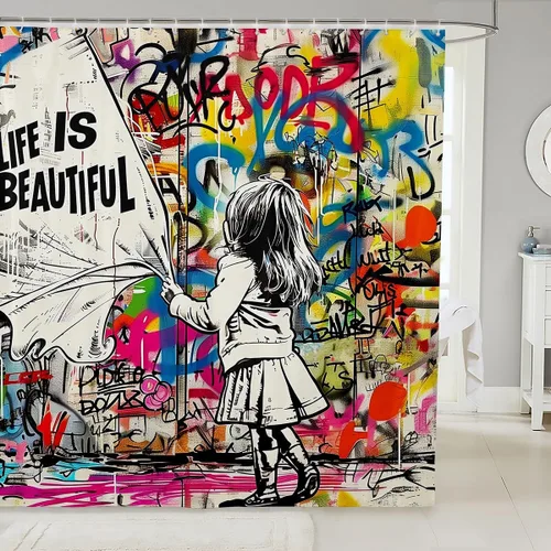 Vista 21 de Homewish Theater Cinema Poster Shower Curtain Set,Retro Movie Bathroom Curtain,Kids Girls Teens Popcorn Waterproof Fabrics Movie Night Bathroom