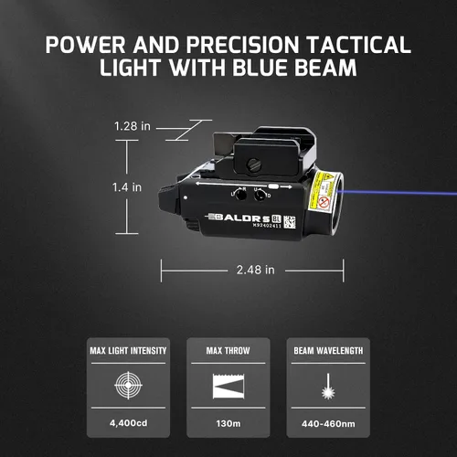 Vista 2 de OLIGHT Baldr S Blue Beam - Linterna táctica magnética recargable por USB de 800 lúmenes con combo de LED blanco, luz compacta montada en riel