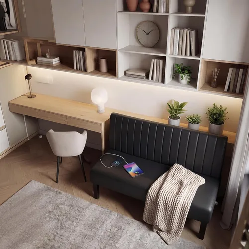 Vista 9 de STHOUYN Mini sofá pequeño de cuero negro de 43 pulgadas de ancho, sofá biplaza sin brazos para dormitorio con puerto USB, sofás pequeños