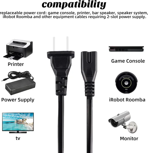 Vista 2 de Evenpop 2 Prong AC Power Cord Cable Compatible with Xbox One SXbox One XXbox Series XS Game Console, for Sony PlayStation PS4 PS3 PS2 SlimPSPPSV