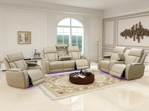 Vista 111 de Juego de sofá reclinable eléctrico, seccional de cuero transpirable beige, juego de muebles de sala de estar, 2 piezas, sofá reclinable eléctrico