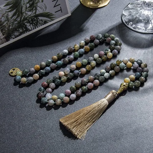 Vista 2 de Hovaete Collar de 108 cuentas de oración de mala, piedras naturales, meditación y yoga, joyería de 108 nudos a mano con cuentas de japa mala, collar