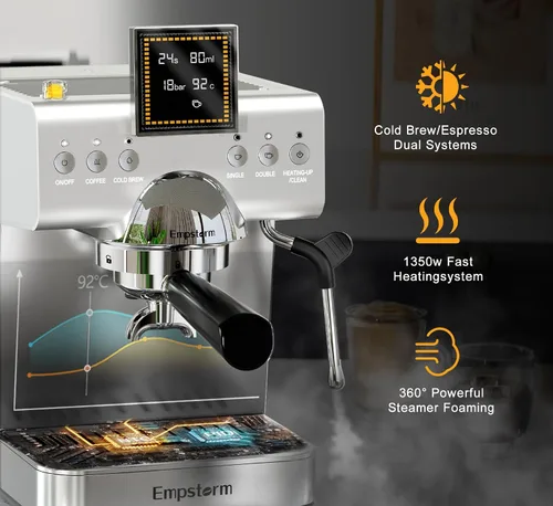 Vista 10 de Empstorm Cafetera Espresso 20 Bares con Espumador de Leche de Vapor, Cafetera Espresso de Acero Inoxidable con Pantalla LED Cafetera para Café