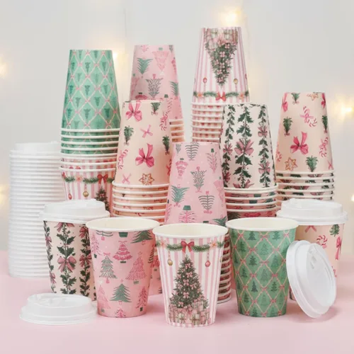 Vista 12 de Gerrii Juego de 100 vasos de papel de Navidad desechables de 12 onzas con tapas, tazas de chocolate caliente, tazas de café, tazas calientes