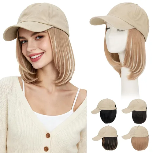 Vista 19 de Hairro Peluca de gorra de béisbol con cabello adjunto, corto estilo Bob ajustable, extensiones de cabello sintético para mujeres, balayage