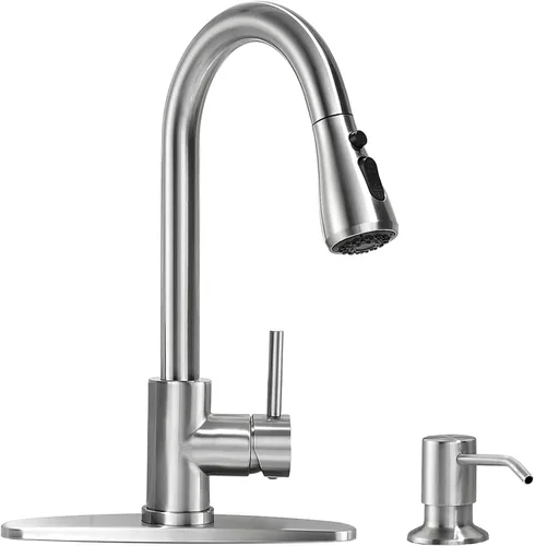Vista 19 de VFAUOSIT - Grifo de cocina con rociador extraíble, grifo de fregadero de cocina sin plomo, níquel cepillado, acero inoxidable, arco alto, extracción
