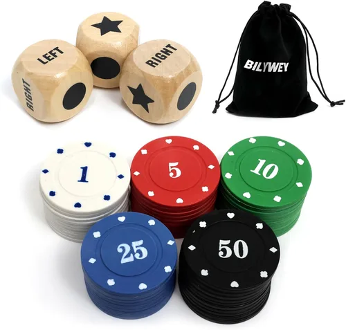 Vista 6 de Bilywey - Juego de dados izquierda-derecha-centro con 3 dados + 36 fichas negras (negro)