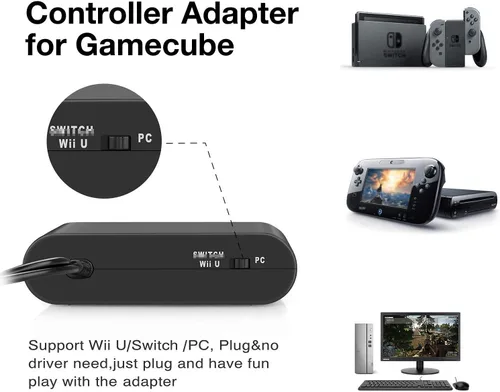 Vista 2 de Y Team Adaptador de controlador para Gamecube compatible con Nintendo Switch Super Smash Bros Switch Gamecube Adaptador para WII UPC con 4 puertos