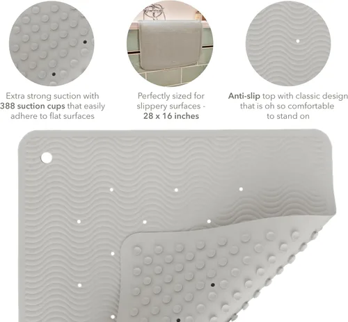 Vista 2 de HEVEA Tapete de baño ondulado de goma natural, largo, 28 x 16 pulgadas, tapete antideslizante para ducha y bañera con 388 ventosas, sin plástico