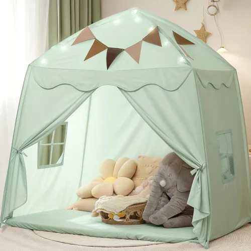 Vista 9 de Tienda de Juegos Extra Grande para Niños con Banderas y Luces de Estrella, Tipi Portátil y Plegable, Tiendas de Cama Dosel de Cama para Niños
