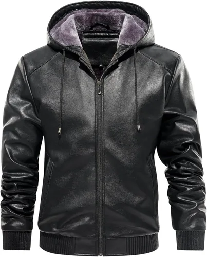 Vista 2 de Fanarcher Chaqueta de hombre de piel sintética con forro polar acolchada tipo bomber para motocicleta con capucha