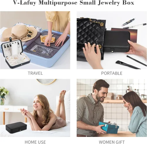 Vista 6 de Joyero pequeño, joyero de viaje portátil para mujer, mini organizador de viaje de 2 capas, regalo para mujeres y niñas, negro A