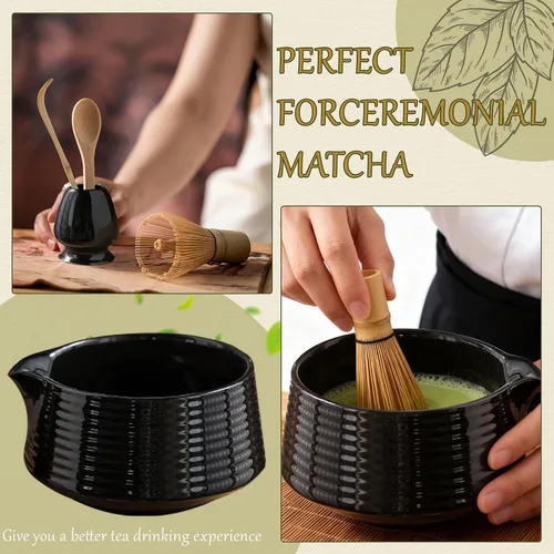 Vista 3 de Juego de 8 batidores de matcha, cuenco de bambú Chasen Matcha con boquilla, tamiz, cuchara, soporte para batidor, alfombrilla de bambú, kit completo