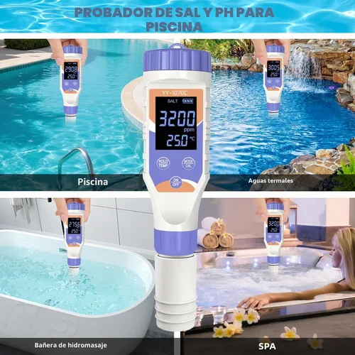 Vista 3 de Probador digital 7 en 1 de agua para piscinas: cloro, pH, sal, ORP, EC, TDS y medidor de temperatura para piscinas de agua salada, jacuzzis, spas