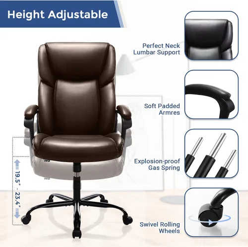 Vista 6 de ZUNMOS Escritorio ejecutivo para oficina en casa, con respaldo alto, altura ajustable y giratoria, silla de soporte lumbar para cabeza, cuero negro
