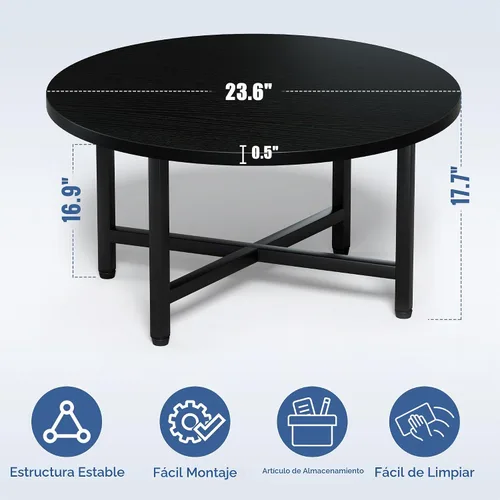 Vista 3 de Mesa de Centro, Mesas de Centro Pequeñas de 23.6", Mesas de Centro Redondas Negras para Sala de Estar, Mesa de Piso para Sentarse en el Suelo, Mesa