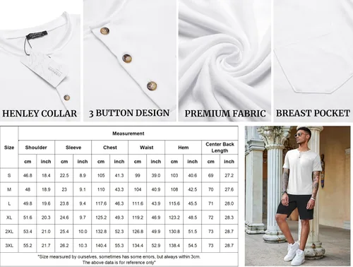 Vista 6 de COOFANDY Paquete de 3 camisetas Henley de manga corta para hombre, estilo casual, básicas, de verano, con bolsillo