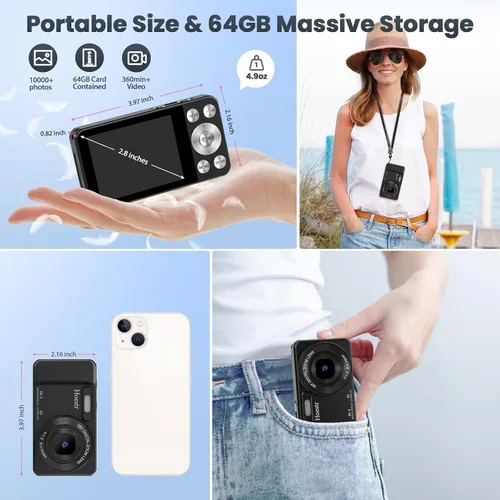 Vista 6 de Cámara digital 4K de 64MP, Hoestr Cámara compacta de punto y disparo con zoom 18X y enfoque automático con tarjeta TF de 64GB, flash, pantalla LCD