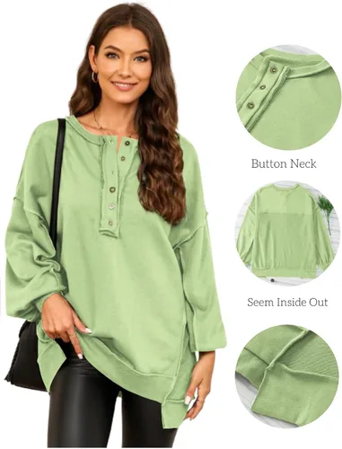 Vista 26 de AlvaQ - Sudadera de gran tamaño para mujer, informal, de manga larga, con botones y cuello Henley, tipo túnica