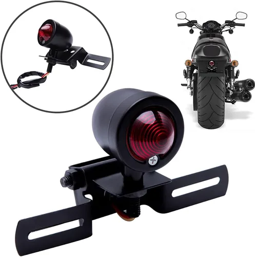 Vista 3 de DREAMIZER - Luz trasera de motocicleta en forma de bala con soporte para matrícula, lámpara trasera retro de aluminio para Cafe Racer, Bobber Bullet