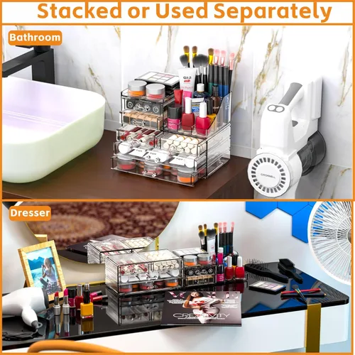 Vista 2 de Cq acrylic Organizadores de maquillaje para tocador con 6 cajones, paquete de 2 organizadores de cajones transparentes, bonitos accesorios