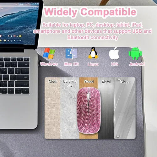 Vista 8 de Ratón inalámbrico Bluetooth lindo rosa brillante cristal Rhinestone ratón de computadora con luz LED 2.4GHz y Bluetooth Dual Mode recargable
