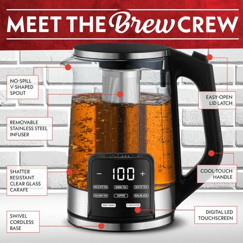 Vista 6 de Gourmia Hervidor eléctrico programable de vidrio – 1.7L Control de temperatura para té y café con pantalla táctil digital, 6 ajustes