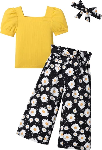 Vista 13 de DONWEN Conjunto de 3 piezas de ropa para niñas pequeñas y niñas con cuello cuadrado + pantalones elegantes + diadema para primavera y verano