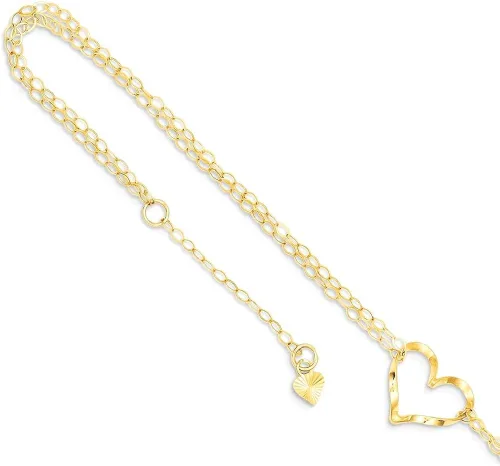 Vista 8 de Tobilleras de oro para mujer oro amarillo de 14 quilates doble hebra corazón 9 pulgadas más 1 extensión de tamaño de cadena ajustable tobillera