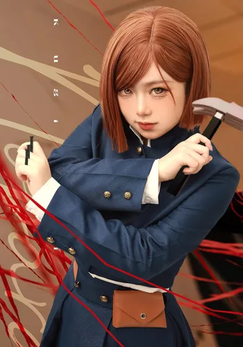 Vista 8 de DAZCOS Kugisaki Nobara - Peluca de cosplay con calcomanías para disfraz de anime (marrón)
