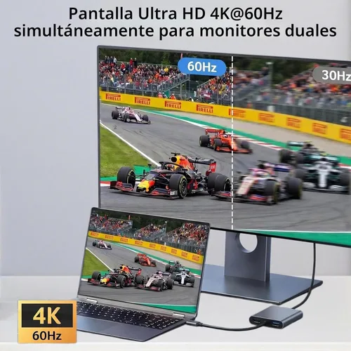 Vista 4 de Adaptador USB C a HDTV dual, adaptador multipuerto USB C de 4K a 60 Hz con 2 HDMI, USB 3.0, 100 W PD, macOS solo permite modo espejo, Windows