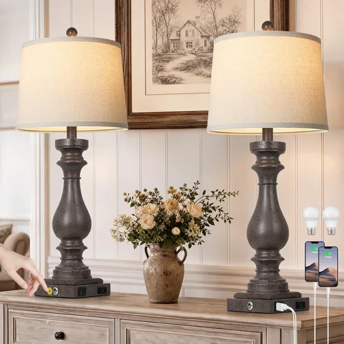 Vista 9 de Cinkeda Juego de 2 lámparas de mesa de 29 pulgadas de alto para sala de estar, lámparas vintage para mesita de noche con puertos USB C+A y salida