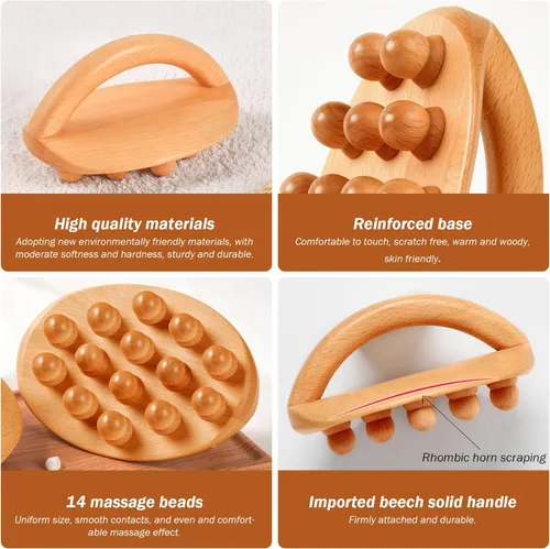 Vista 2 de Wood Massage Tools with Handle, 2PCS 14 Beads Wooden Massage Roller, Lymphatic Drainage Massager for Body Shaping