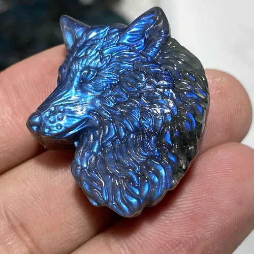 Vista 7 de TEAMWILL Cristal de labradorita natural de cuarzo tallado a mano cabeza de lobo Reiki cristal curativo magnífico escultura de piedra estatua estatua