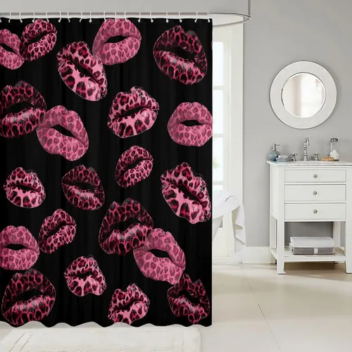 Vista 2 de Feelyou Leopard Print Lips Shower Curtain for Bathroom Decor Cheetah Print Bath Curtain Kissing Lips Bathroom Accessories Waterproof Polyester