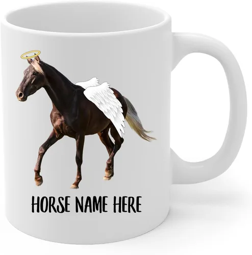 Vista 2 de Taza de café conmemorativa personalizada con alas de ángel y caballo de montaña rocosa, color negro, regalo de condolencias para los amantes