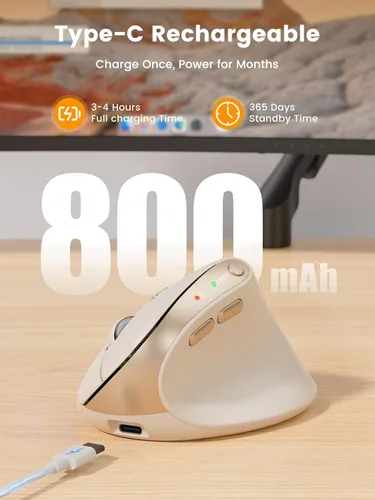 Vista 8 de SABLUTE MAM3 - Ratón ergonómico vertical inalámbrico recargable con 4 DPI ajustables para manos pequeñas/medianas, conectividad de doble dispositivo