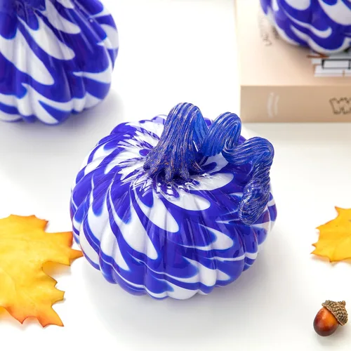 Vista 6 de Glitzhome Calabaza de cristal soplada a mano 3pcs Calabaza de cristal de otoño, azul/blanco