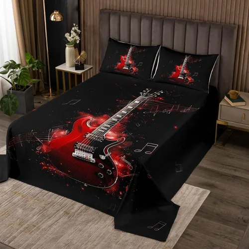 Vista 2 de Homewish Colcha de guitarra roja tamaño individual, juego de ropa de cama de música Hip Pop para decoración de habitación de niños y niñas, juego