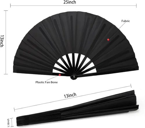 Vista 2 de QIRMIZI Abanico plegable grande de 10 piezas para rave de mano, abanicos para Kung Fu, Tai Chi, Danza, Festivales de Música, Carnavales, bodas, Negro