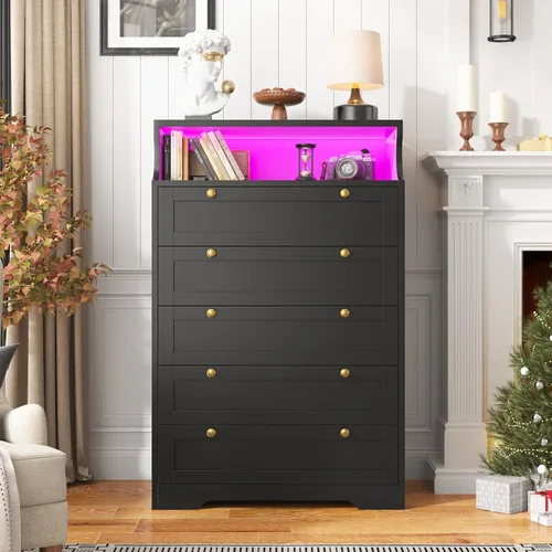 Vista 6 de EnHomee Black Dresser with 5 Drawers for Bedroom,Tall Dresser with LED Lights and 2 Shelves,Dressers & Chests of Drawers for Hallway,Entryway,Black