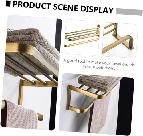 Vista 6 de Homoyoyo Retro Brass Bathroom Wall-Mounted Storage Rack High Load Towel Holder Shelf for Bath and Hand Towels Easy Installation Space-Saving