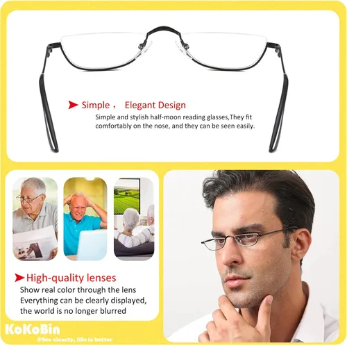Vista 5 de Gafas de Lectura de Media Montura - 4 Pares de Gafas con Marco de Metal de Media Montura con Bisagra de Resorte Lectores para Hombres y Mujeres