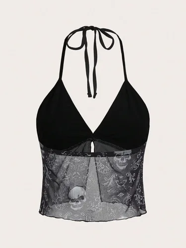 Vista 5 de Cozyease Camiseta sin mangas Y2K de malla con cuello halter y dobladillo dividido para mujer