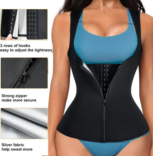 Vista 3 de LANCS Traje de sauna para mujer, entrenador de cintura para sudar, chaleco con cremallera, moldeador de cuerpo, corsé adelgazante, camiseta sin Negro