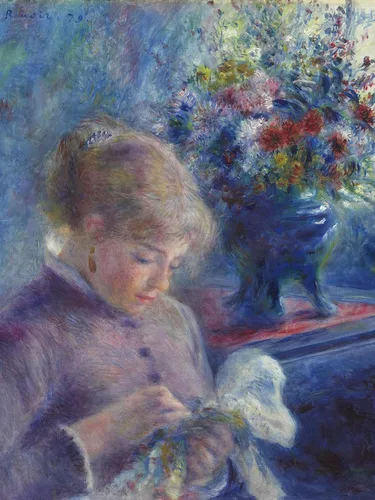 Vista 13 de ART.COM Impresiones artísticas enmarcadas para pared, costura de mujer joven, 1879 por Pierre Auguste Renoir, decoración figurativa, 12 x 16 Marco