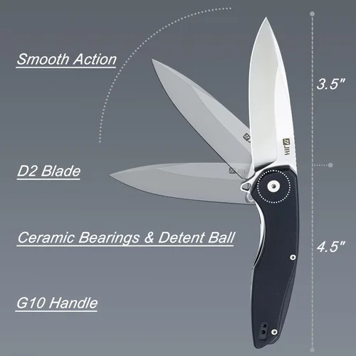 Vista 2 de JIN Cuchillo de bolsillo para hombres, cuchillo plegable EDC, cuchillos de bolsillo Captain con clip, hoja D2 afilada de 3.5", mango G10 negro, kit