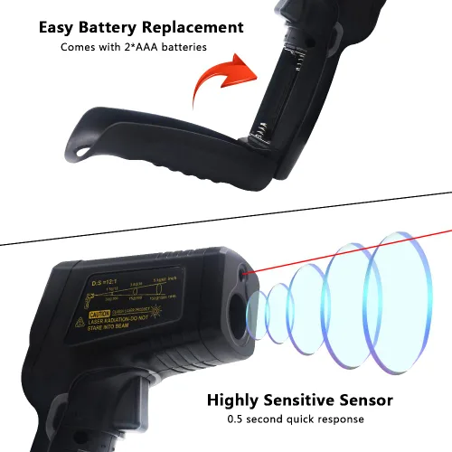 Vista 4 de KETOTEK Termómetro infrarrojo sin contacto IR pistola de temperatura láser digital -50℃～600℃ (-58℉～1112℉) Termómetro de emisividad ajustable